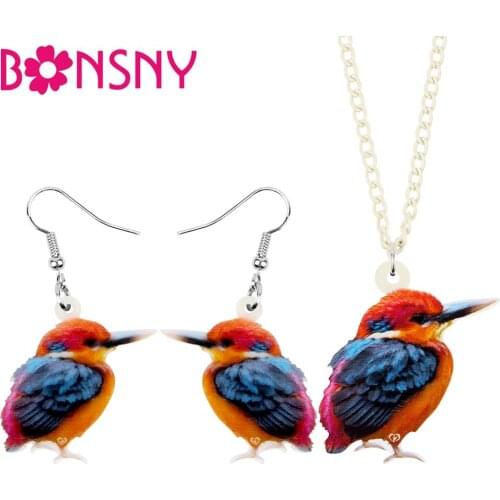 Bonsny Acrylic Sweet Standing Kingfisher Jewelry Sets Long Animal Bird Necklace Earrings For Women Girls Charms Gift Accessory
