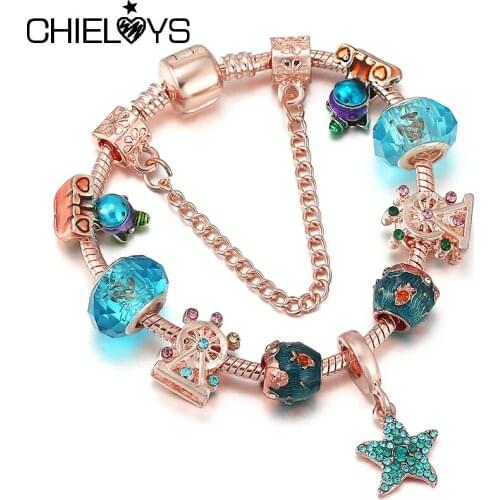 High Quality Crystal Starfish Pendant Bracelet Bangle DIY Silver Plated Charm Beads Bracelet For Women Men Brand Summer Jewlery