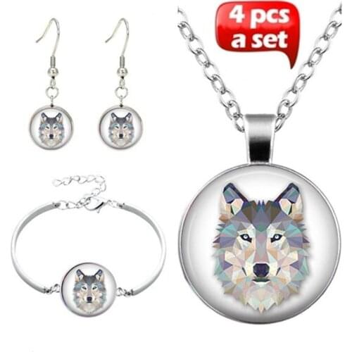 4 Pcs/Set Handmade Glass Cabochon Necklace Earrings Bangle White Wolf Art Picture Pendant Statement Chain For Women Jewelry