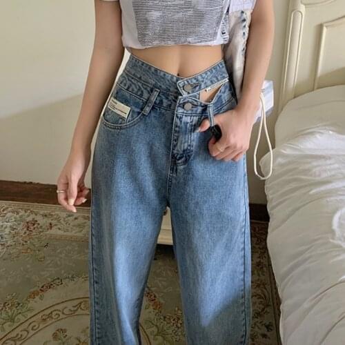 New Autumn Womens Jeans Blue Denim Waist Vintage Full Length Design High Waist Femme Straight Tube Loose Wide Leg Denim Pants