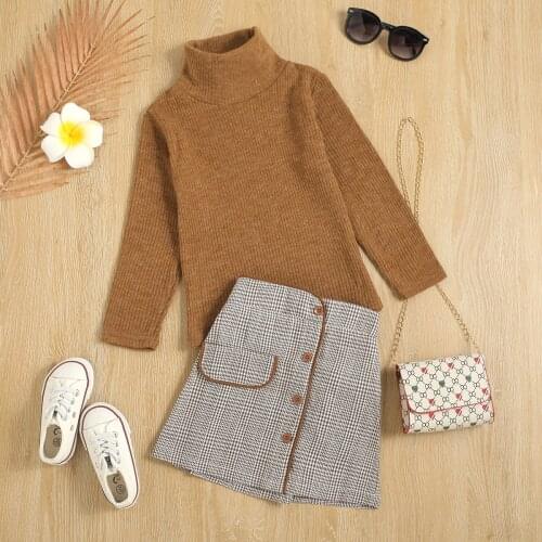 FOCUSNORM 1-6Y Fashion Kids Girls 2pcs Clothes Sets Solid Knitting Long Sleeve Turtleneck Sweater Tops Plaid A-Line Skirts