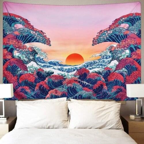 Ocean Wave Tapestry Sunset Tapestry Polyester 3D Great Wave Japanese Style Blanket for Room Living Room Decoration