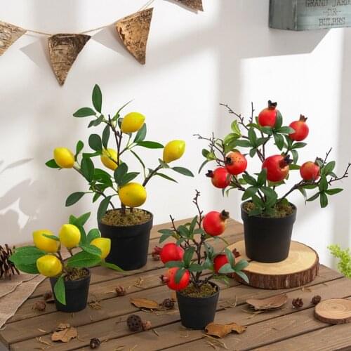 Artificial Plants Bonsai Fake Tree Fruit Potted Simulation Pomegranate Lemon Bonsai For Home Decoration Wedding Decor
