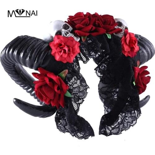 Handmade Lolita Rose Lace Hairband Gothic Sheep Horn Headpiece Halloween Skull Fancy Dress Gothic