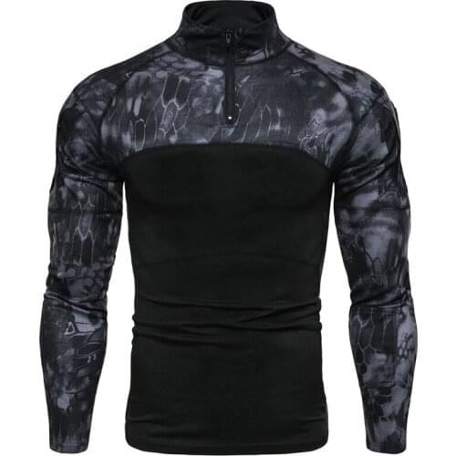 Mans T-shirts Slim Stand-up collar half zipper Long sleeve T-shirt Men fashion military Camouflage Splicing t shirt for men