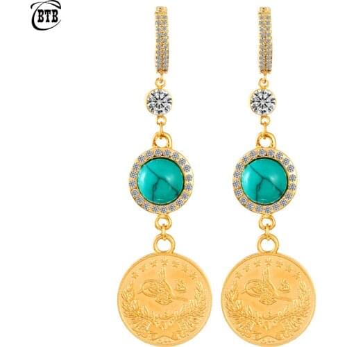 Oman Coin Allah Earrings Arabic Muslim Gold Color Crystal Circle Drop Earrings for Women Religious Islam Islamic Jewelry