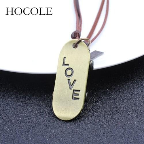 HOCOLE Rock Punk Style Vintage Leather Necklace Handmade Long Chain Unique Design Jewelry For Men Skateboard Pendant Necklace