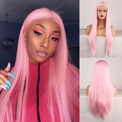RONGDUOYI Silky Straight Hair Wig Synthetic Lace Front Wigs for Women Long Pink Hair Lace Wig High Temperature Cosplay Wigs