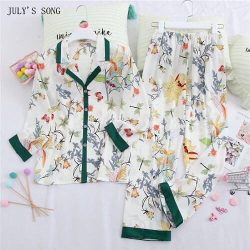 JULYS SONG 2pcs Satin Slik Women Pajamas Sleepwear Woman Floral Printed Summer Pyjama Elegant Long Sleeve Female Homewear Soft