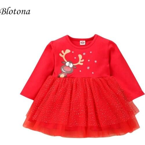 Blotona Little Girls Long-sleeved Mesh Yarn Dress Fashion Christmas Reindeer Pattern Round Neck Children Princess Dress 1-4Y