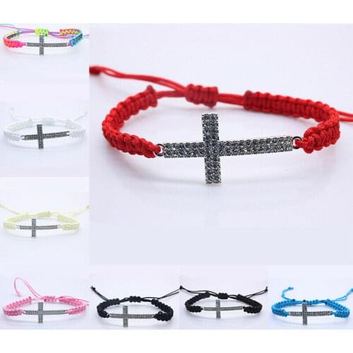 Handmade Religion Rhinestone Cross Red Cord String Bracelet Weaved Rope Men Female Beaded Charm Bracelets Chain