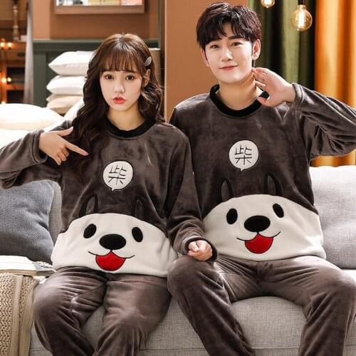 Flannel Flano Casual Pajama Pullover Long Sleeve Trousers Boy Girl Jammies Winter Couples Lovers O-Neck Nightwear Pyjamas HDE