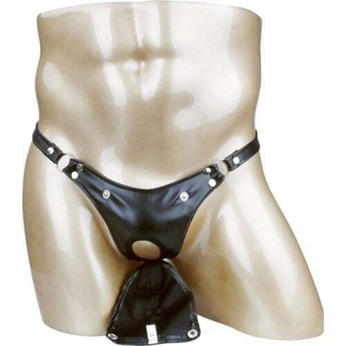 Sexy Mens G-String Sexy Thongs Black Faux Leather Jockstrap Buckled Bulge Pouch with Penis Holes Underpants Male Gay Underwear