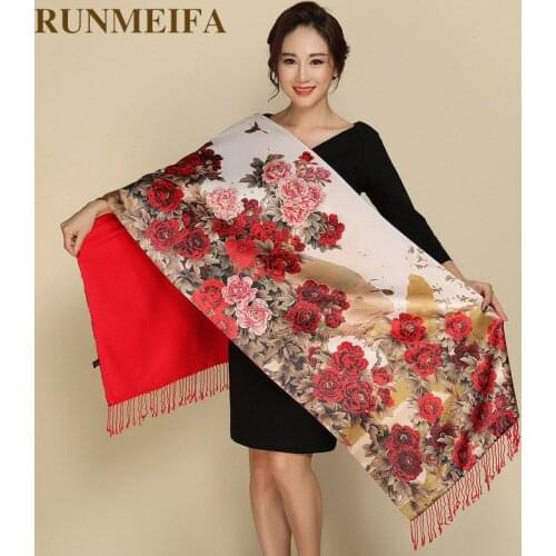 RUNMEIFA Pastoral Style Pashmina Two Sides Wear Women Scarves Silk Cashmere Scarf Retro National Tippet Warm Print Shawl Scarf
