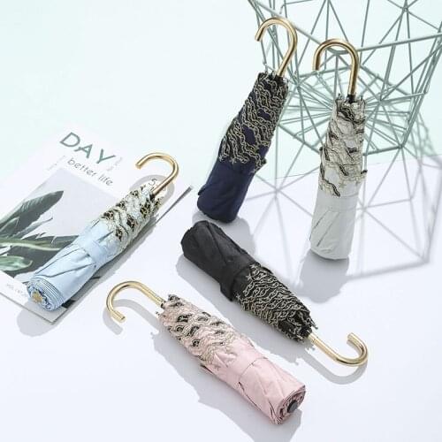 Chic Japanese Small Fresh 6K Hook Golden Handle Three-fold Lady Umbrella Rain and Sun Dual-use Anti-ultraviolet Sun umbrella
