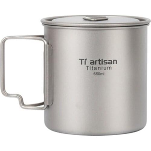 Tiartisan 650ml Titanium Cup Kitchen Drinkware Tea Cup Coffee Mugs with Folding Handle and Scale Marks Ultralight with Lid 115g