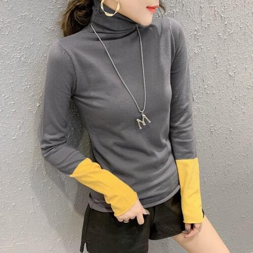 Gkfnmt Turtleneck Slim SpliceTshirt Women Cotton Tee Shirt Femme 2020 Spring Fall T-shirt Long Sleeve T Shirt Tops Clothing