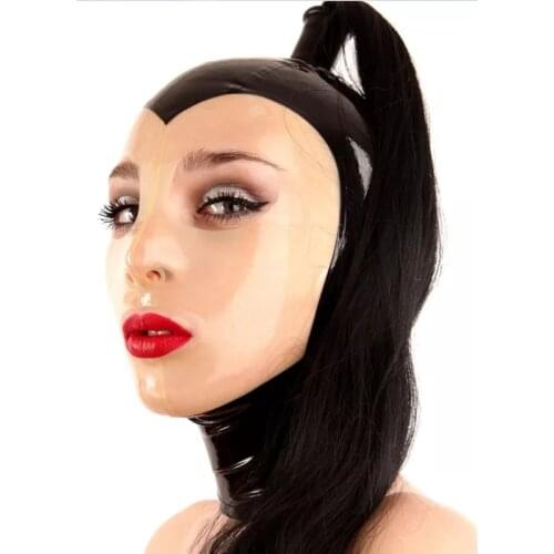 Women Sexy Black Latex Rubber Mask Hood with Black Hair Pigtail for Party Latex Hood Mask