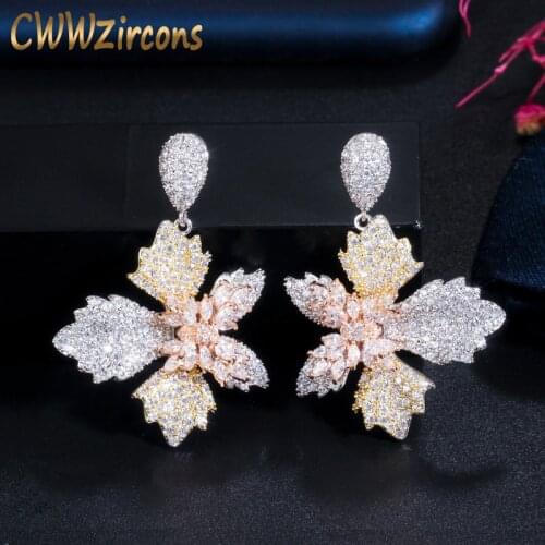 CWWZircons Pretty Dangle Drop Butterfly Flower 3 Tone Rose Gold Cubic Zirconia Women Earrings Elegant Costume Jewelry CZ716
