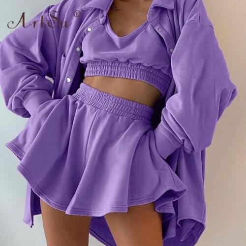 ArtSu Korean Fashion Solid 3 Piece Set Women Casual Crop Top And Biker Shorts Oversized Coat Suits Tracksuits Outfits Streetwear