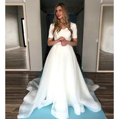 Romantic A Line Wedding Dress Oganza Short Sleeve Wedding Gowns Scoop Sweep Train Bride Dress Custom Made