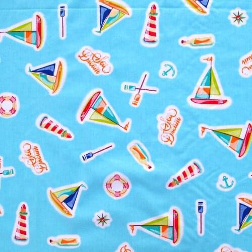 1 yard Cotton Twill Fabric for sewing pathwork, cloth, bedding - Sailboat, lighthouse, drifting bottle (width=160cm)