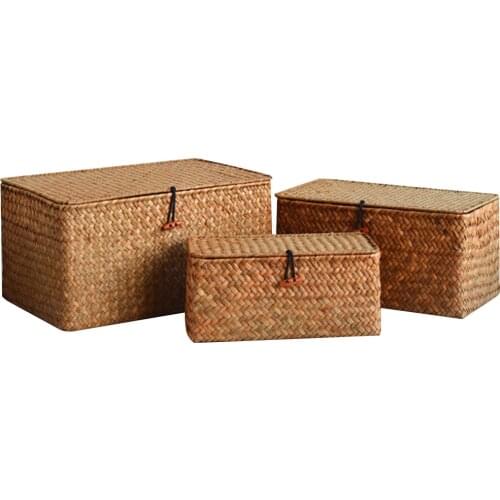 2PCS Handmade Straw Woven Storage Basket With Lid Rattan Jewelry Box Desktop Toy Wicker Basket Container Makeup Organizer Props