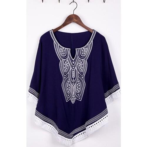 2021 Vintage Mexican Ethnic Floral Hippie Loose Shirt Boho Tops Cotton Batwing Short Sleeve Women Embroidery Reteo Blouse Femme