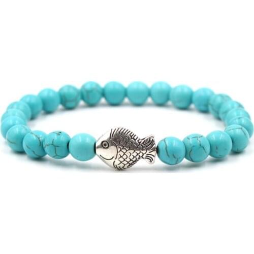 8mm iki3 ball elastic thread adjusted nature black stone volcanic lava bead Metal fish Bracelet Reiki Chakra Fashion Jewelry