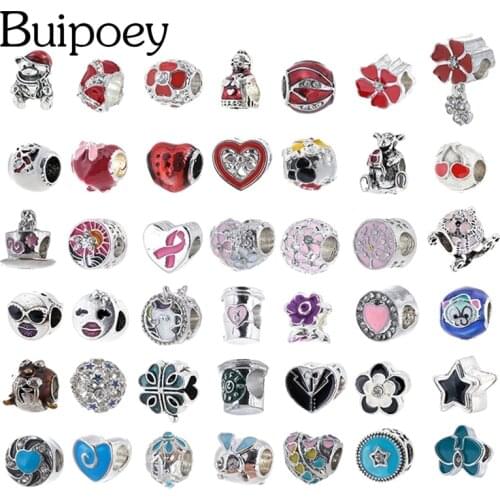 Buipoey Red Pink Blue Heart Beads Silver Color Charm Fit Bracelet & Necklace Diy Jewelry Accessory Beaded Womens Girl Gift