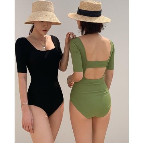 Korean Style One Piece Swimwear Women Half Sleeve Swimwear Padded Swimsuit High Quality Bathing Suit sexy Monokini Beachwear