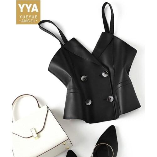 Designer Office Lady Natural Leather Vest Double Breasted Elegant Sheepskin Waistcoat Fashion Short Sleeveless Jacket Female