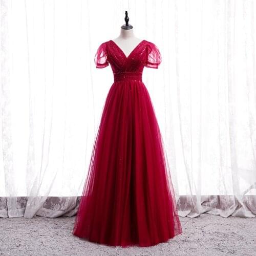 Elegant Dark Red, Royal Blue, Ivory Black Evening Dresses V-Neck Short Sleeveless Pleats Tulle with Beads Sequins Prom Dresses