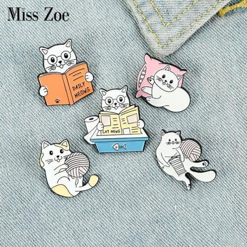 Cats Daily Enamel Pin Custom Cat Kitten Knitting Reading Playing Pillow Brooches Bag Lapel Pin Animal Badge Cute Jewelry Gift