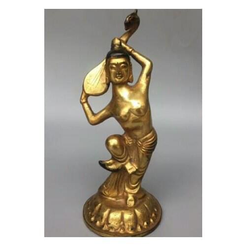 22CM China Old Brass Bronze Handmade Gold Beauty woman Statue Sculpture