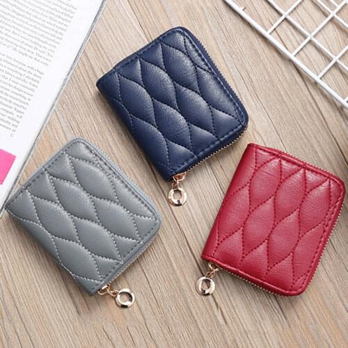 Korean Embroidery Grid Line Mini Zipper Wallet Women Coin Change Purse Bank Credit ID Card Holders Cover Short Wallet Billfold