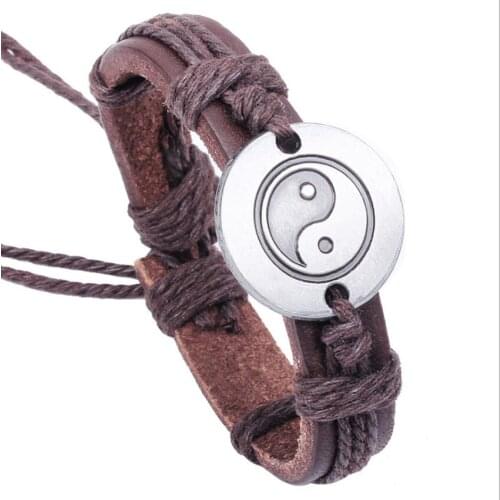 FYSL Silver Plated Eight Trigrams of Taiji Connect Leather Elastic Bracelet Classic Style Jewelry
