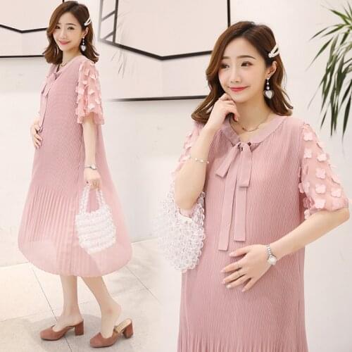 Summer Pink Maternity Dresses For Pregnant Women Clothes Pleated Chiffon Pregnancy Dress Gravidas Vestidos Maternity Clothing