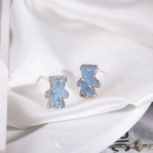 Cute 2021 Japanese korean fashion enamel star bear stud earring for women teen girls small kawaii blue piercing designer trendy