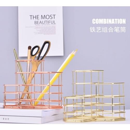 Golden Creative Hexagonal Combination Wrought Iron Multifunctional Office Desk Storage Pen Holder