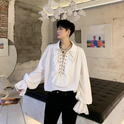 MIXCUBIC 2019 Autumn British style Neckline drawstring design shirts men casual loose Flounced cuffs shirts for men,size S-XL