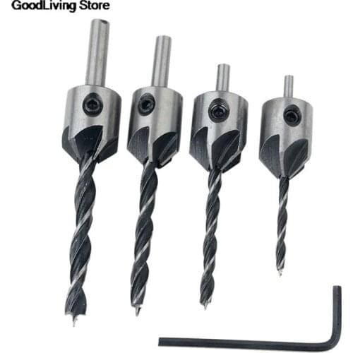 4pcs/set 3/4/5/6mm Wood Countersink Drill Set HCS 5 Flute Drill Bit Carpentry Reamer Woodworking Chamfer End Milling Wood Tool