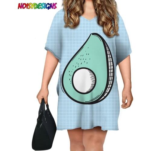 NOISYDESIGNS Women Summer Casual Loose T Shirt Dress Avocado Prints O Neck Oversize Mini Dress Batwing Short Sleeve Basic Dress