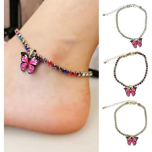 2021 Summer New Bohemian Rhinestone Chain Colorful Butterfly Pendant Anklet For Women Beach Charming Foot Chains Jewelry Gifts