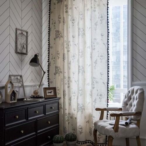 Boho Cotton Linen Tassel Window Curtains Farmhouse Floral Panel Rod Pocket Semi Blackout Treatment for Living Dining Room TJ3841