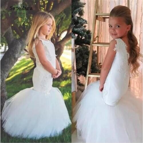 Beautiful Mermaid Dress For Girls White Flower Girl Dress For Wedding Sleeveless Custom Made