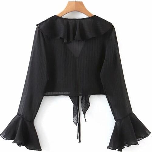 Casual Sexy Deep V-Collar Solid Long Sleeve Lace Crop Top Sexy Ruffles Blouse Shirt Color Lace Up Corset Women