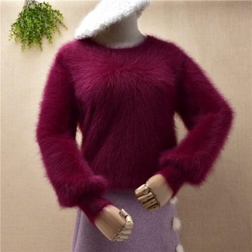 Ladies women fashion hairy fuzzy mink cashmere slim blouses long lantern sleeves pullover angora rabbit fur jumper sweater pull
