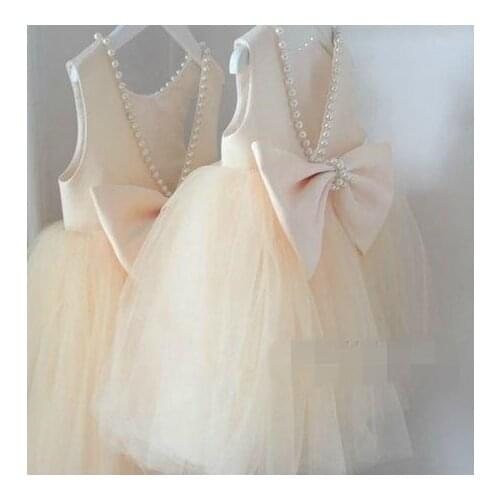 Real Photos Puffy Tulle Pearls Girls Dresses with Bow Flower Girl Dress for Wedding Girls Pageant Gown Size 2-14Y