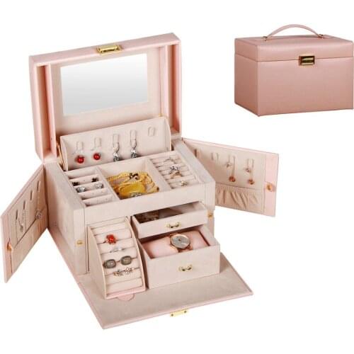 Luxury PU Leather Jewelry Box Organizer , Multi Colors Available, Watch Necklace Ring Earring Storage Mirroed Gift Case